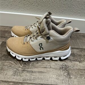 On cloud  Tan and White Athletic Sneakers